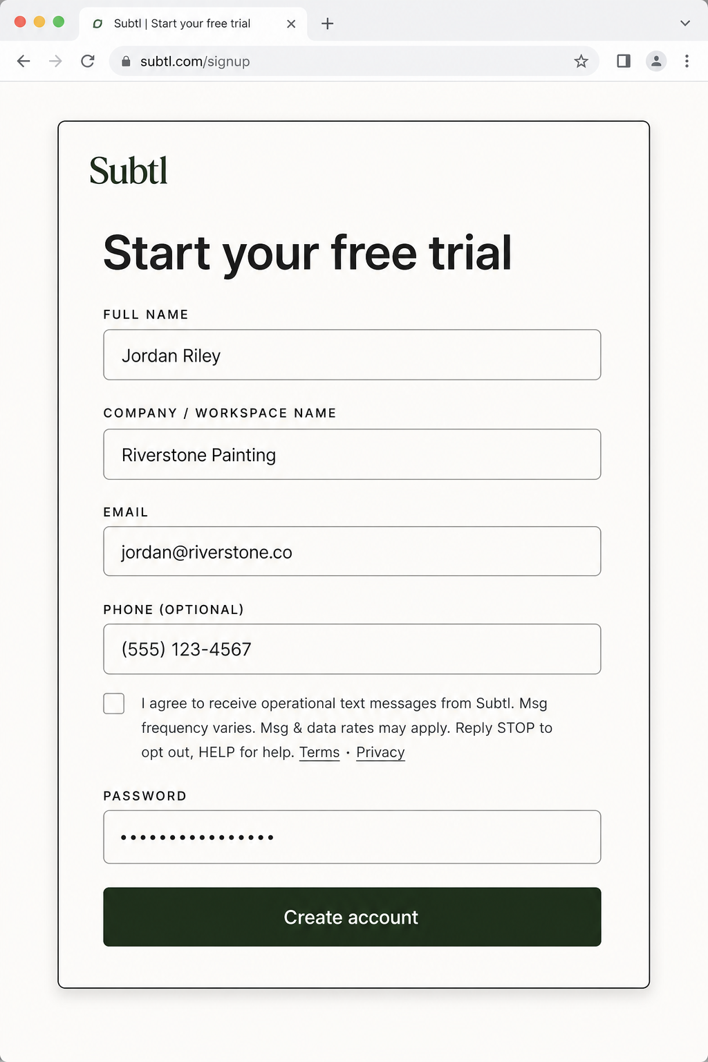 Subtl signup form showing the unchecked SMS consent checkbox placed below the phone number field